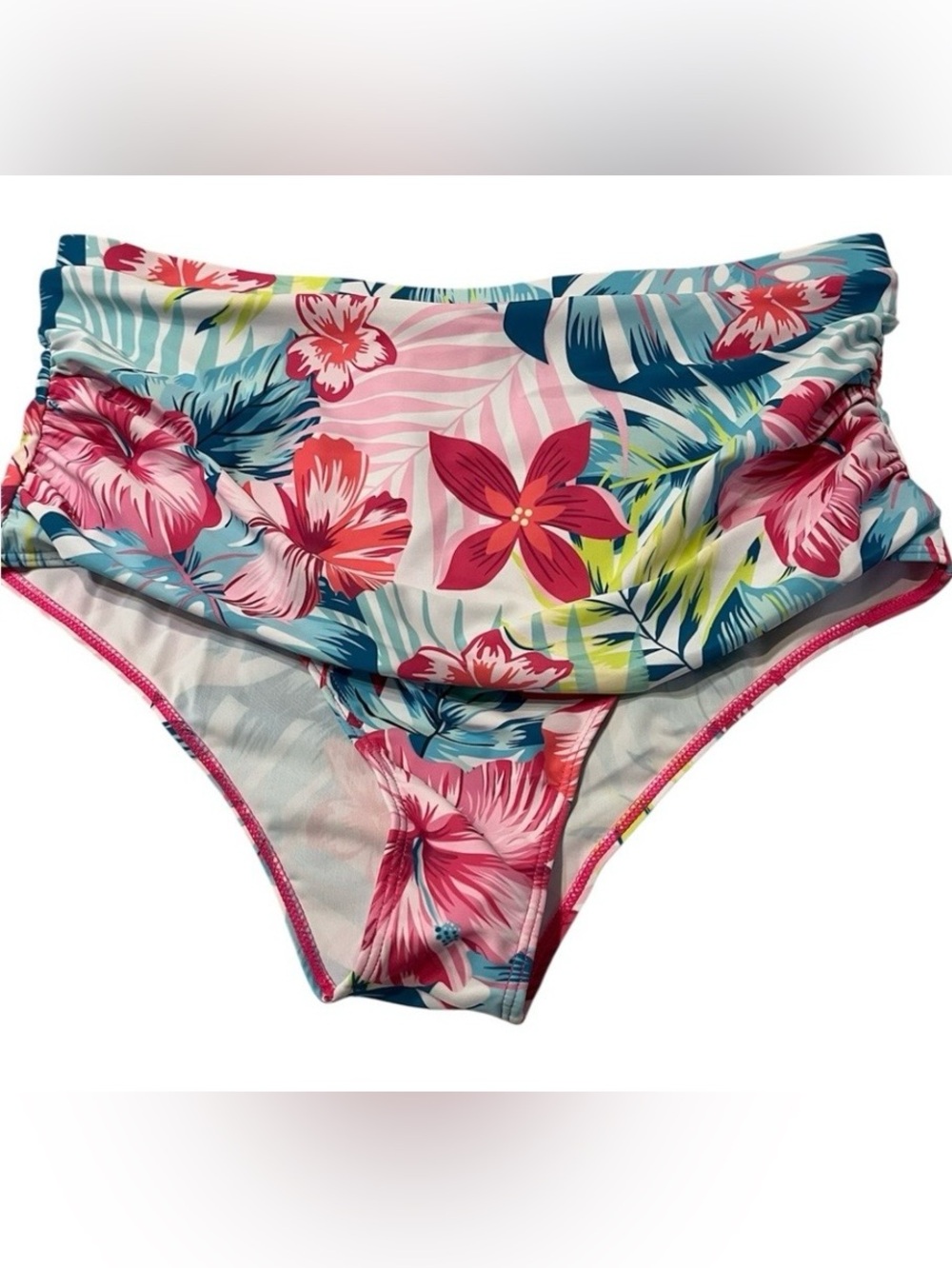 Women's 1XL Tropical Floral High Waist Ruched Bottom